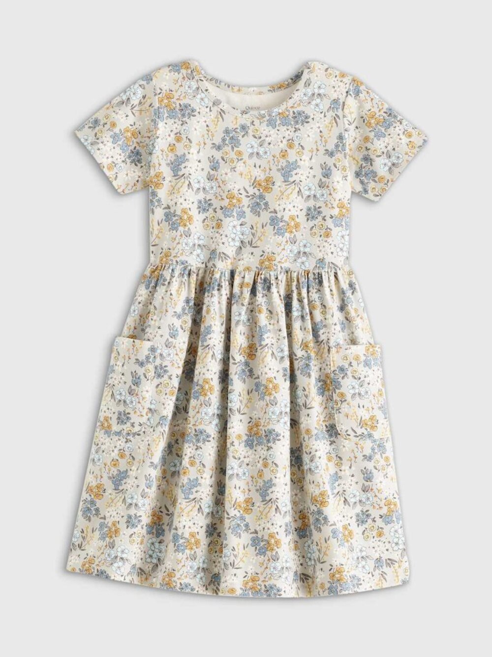 Quince Girls Organic Cotton Fit and Flare Pocket Dress in Grey Ditsy Floral 7